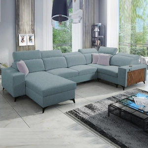Ecksofa mit Schlaffunktion Kelly IV arctic blue links geflochtenes bequemes Ecksofa verstellbare Kopfstützen seitlich mit Latten verkleidet