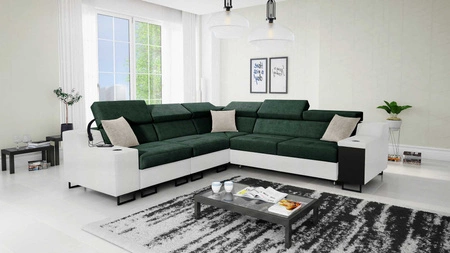 Ecksofa mit Schlaffunktion Alcamo III grün / weiß links Funktions-Ecksofa mit einer Schublade in der Seite zwei Behälter für Bettzeug