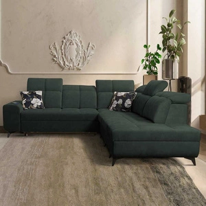 Ecksofa mit Schlaffunktion Buffalo IX grün rechte Seite stilvolles Ecksofa für Zimmer aus Veloursstoff Zierkissen