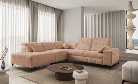 Ecksofa mit Schlaffunktion Penejos IX lachsfarbe links stilvolles Ecksofa mit Bettzeugcontainern komfortable verstellbare Kopfstützen