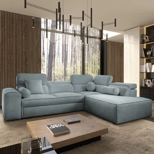 Ecksofa mit Schlaffunktion Viano VII grau blau rechte Ecke trendy und stilvoll mit verstellbaren Kopfstützen Zierkissen