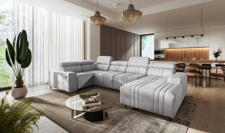 Ecksofa mit Schlaffunktion Castel IV graue Esche rechtes Ecksofa stilvoll mit Bettzeugcontainer und verstellbaren Kopfstützen