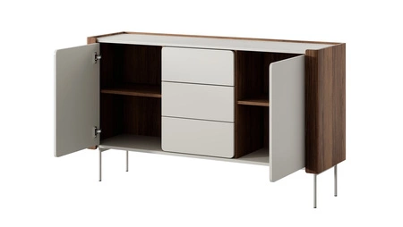 Kommode Tantuni 141 cm warmia Nussbaum / beige elegante Kommode mit einer abgerundeten Form auf einem Metallsockel unterstützt