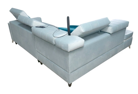 Ecksofa mit Schlaffunktion Rava III azurblaues Linksseiten-Samtecksofa mit verstellbaren Kopfstützen und Bettzeugcontainer