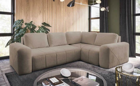 Ecksofa mit Schlaffunktion Bovec II dunkelbeige rechts bequemes Ecksofa mit stilvollem Charakter Bettzeug Container