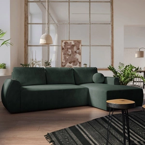 Ecksofa mit Schlaffunktion Colio grün rechte Seite stilvolles Ecksofa mit interessanter Form Veloursstoff Zierkissen Ball