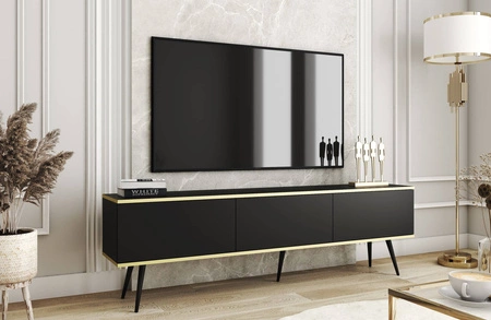 TV-Schrank Luxury 175 cm schwarz elegantes Design Schrank mit goldener Zierleiste Schrank auf schwarzen Metallbeinen