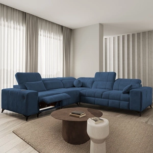 Ecksofa mit Schlaffunktion Penejos III Lux blau links bequemes Ecksofa für Wohnzimmer mit ausziehbarem Fußteil Bettwäschecontainer