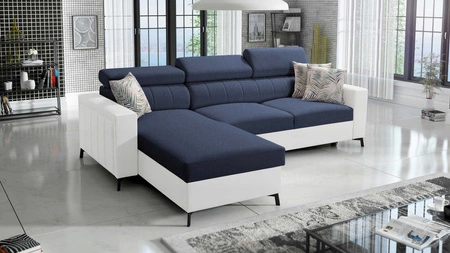 Ecksofa mit Schlaffunktion Savona navy blau / weiß links elegantes Ecksofa verstellbare Kopfstützen Ziernähte 
