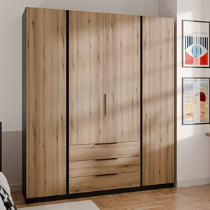 Kastano Kleiderschrank 200 cm schwarz / Eiche evoke stilvolles Design Metallkante Griffe ideal Kleiderschrank für Schlafzimmer geräumige Schubladen