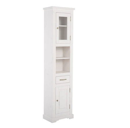 Badezimmer Schrank Romantic 45 cm weißer Holzbadezimmerschrank mit Schublade eleganter Stil Metallgriffe und dekorative Scharniere