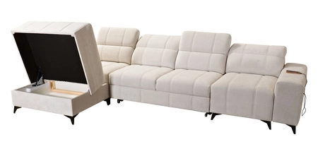 Ecksofa mit Schlaffunktion Penejos XII grau Esche links stilvolles Ecksofa mit Bettzeugcontainer komfortable verstellbare Kopfstützen