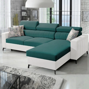 Ecksofa mit Schlaffunktion Savona türkis / weiß rechts elegantes Ecksofa mit verstellbaren Kopfstützen Ziernähte