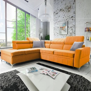 Ecksofa mit Schlaffunktion Rava III gelbes Linkshändersamt komfortables Ecksofa mit verstellbaren Kopfstützen und Bettzeugcontainer