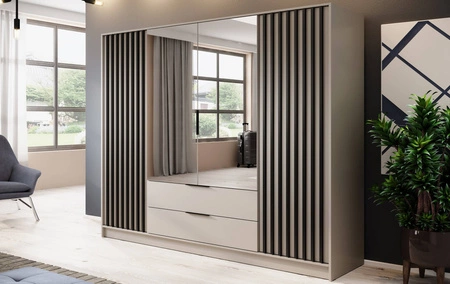 Kleiderschrank mit Spiegel Aspen 206 cm Beige / Schwarze Lamellen modernes Design Schranktüren mit dekorativen Lamellen