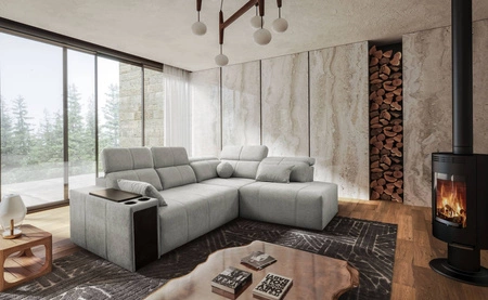 Ecksofa mit Schlaffunktion Tesalia VII graue Esche rechte Ecke modernes Design komfortable Schiebelehne Schublade in der Seite des Möbels
