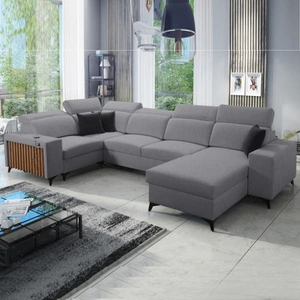 Kelly IV Ecksofa mit Schlaffunktion grau rechts geflochten bequemes Ecksofa verstellbare Kopfstützen seitlich mit Lattenverkleidung