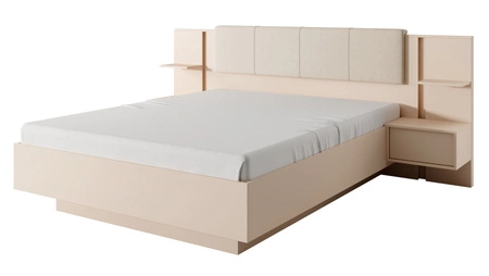 Bett Beloit 160x200 cm mit Bettzeugcontainer und Nachttischen beige teilgepolstertes Kopfteil integrierte LED Beleuchtung