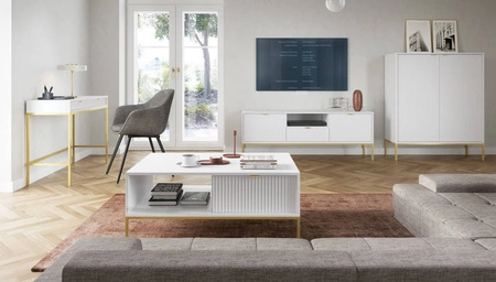 Konsolentisch Lovro weiße mit Schubladen stilvolles und funktionelles Möbelstück für den Flur, das Wohnzimmer oder das Büro Metallrahmen in goldener Farbe