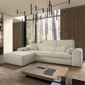 Ecksofa mit Schlaffunktion Viano creme links stilvolles Ecksofa mit interessanter Form verstellbare Kopfstützen Zierkissen