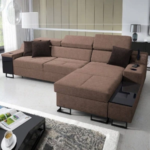 Ecksofa mit Schlaffunktion Alcamo hellbraun rechts Ecksofa elegant und stilvoll mit einer praktischen Schublade in der Seite des Möbels