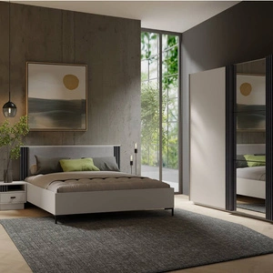 Möbelset für Schlafzimmer Estan beige/anthrazit Zeitloses Design Schlafzimmermöbel-Set geräumiger Schiebeschrank mit Spiegel