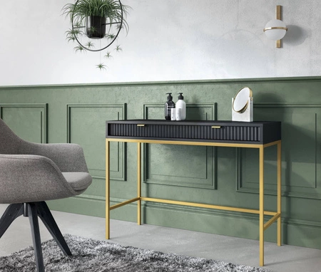 Konsolentisch Lovro schwarze mit Schubladen stilvolles und funktionelles Möbelstück für Flur, Wohnzimmer oder Büro, goldfarbener Rahmen