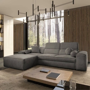 Ecksofa mit Schlaffunktion Viano grau linke Seite stilvolles Ecksofa mit interessanter Form verstellbare Kopfstützen Zierkissen