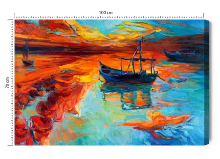 Leinwandbild bemalte Boote am Meer 100x70 cm zeitlose Dekoration jedes Interieurs ausdrucksstarke Farben hochwertige Verarbeitung