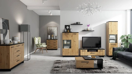 Couchtisch mit Schublade 120 cm Simi Eiche artisan / schwarz modernes Design asymmetrischer Korpus auslaufsichere Platte