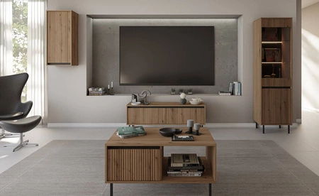 Schrank Osaka 56 cm Eiche evoke/schwarz eleganter Wohnzimmerschrank mit minimalistischem Design geschmackvolle geriffelte Front gehärtetes Glas