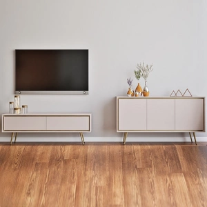 Sitzbank Nevea beige elegante Wohnzimmermöbel in dezenten Farben grifflose Möbel mit Designerkanten angereichert