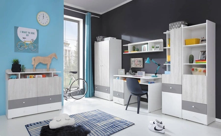 Möbel-Set Arona weiß / Eiche wilton weiß / grau ideal für ein Jugendzimmer Schrankwand mit Schreibtisch