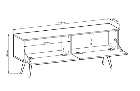 TV Schrank Luxury 135 cm weißer eleganter Design-Korpus mit goldener Zierleiste Schrank auf goldenen Metallbeinen