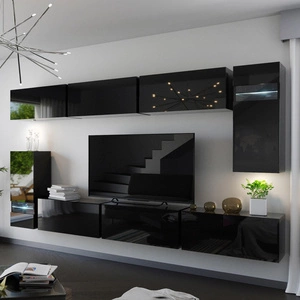 Schrankwand Benjamin schwarz glänzend modernes Möbeldesign Hochglanzfronten vergrößern optisch den Innenraum