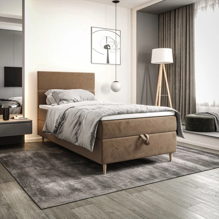 Boxspringbett Bing 90x200 hellbraun im modernen skandinavischen Stil mit gepolstertem Kopfteil Bett mit Staukasten