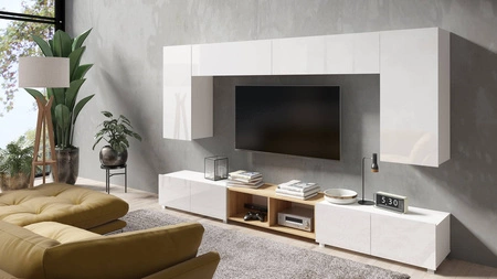 Möbel Apulia XXIII weiß glänzend / goldene Eiche ein außergewöhnlich stilvolles Wandelement einfache Elemente, die in jedes Interieur passen