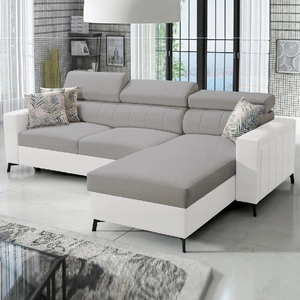 Ecksofa mit Schlaffunktion Savona grau Esche / weiß rechts elegantes Ecksofa mit verstellbaren Kopfstützen Ziernähte