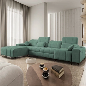 Ecksofa mit Schlaffunktion Penejos XII grün linke Seite stilvolles Ecksofa mit Bettzeugcontainern komfortable verstellbare Kopfstützen