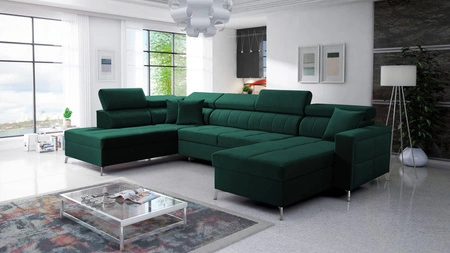 Ecksofa mit Schlaffunktion Nausa VI flaschengrün rechtsseitig stilvolles Ecksofa mit komfortabler Verarbeitung weichen Samtstoffes