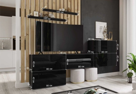 Möbelwand Agria schwarz / schwarz glänzend außergewöhnliches Design praktische Lösung ideal für jedes Wohnzimmer optisch vergrößert den Innenraum