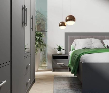 Bett Caspe 160x200 cm anthrazit mit Container ideales Bett für Schlafzimmer mit teilweise gepolstertem Kopfteil