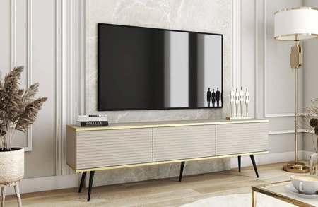 TV-Schrank Luxury 175 cm beige elegantes Design stilvolle geriffelte Front Korpus mit goldener Zierleiste schwarze Metallbeine gekrönt