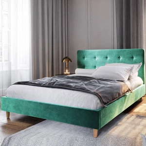Polsterbett Noiro 140x200 grün mit Container im modernen skandinavischen Stil mit markantem Kopfteil