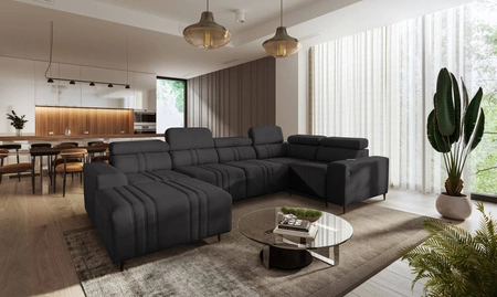 Ecksofa mit Schlaffunktion Castel IV graphit links stilvolles Ecksofa mit Bettzeugcontainern und verstellbaren Kopfstützen