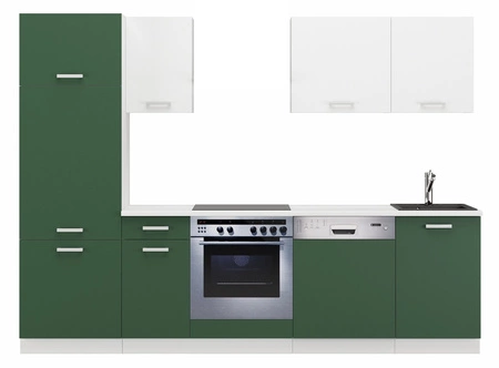 Küchenmöbelset mit Toni-Arbeitsplatte 270 cm weiß / pastellgrüne Möbel sehen in modernen Interieurs toll aus