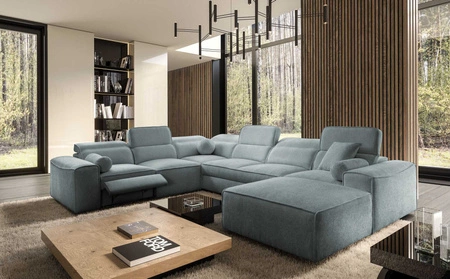 Ecksofa mit Schlaffunktion Viano VIII Lux grau blau rechts Design-Ecksofa mit ausziehbarem Fußteil Bettzeug-Container