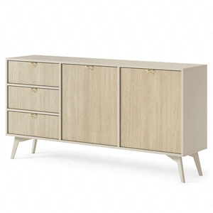 Wald Schubladenkommode 158 cm beige / beige Fischgrät Pastellfarben im Boho-Stil geschmackvolles Fischgrätdekor und goldene Griffe