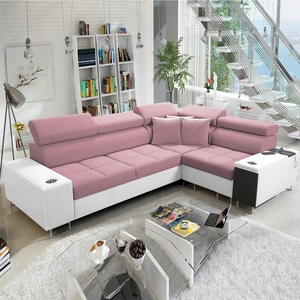 Ecksofa mit Schlaffunktion Dafni II Indischer rosa/weißer Samt, rechtes Ecksofa mit Bettzeugablage und Schublade in der Seitenwand
