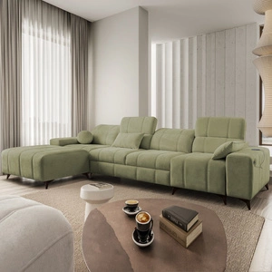 Ecksofa mit Schlaffunktion Penejos XII olivgrün links stilvolles Ecksofa mit Bettzeugcontainern komfortable verstellbare Kopfstützen